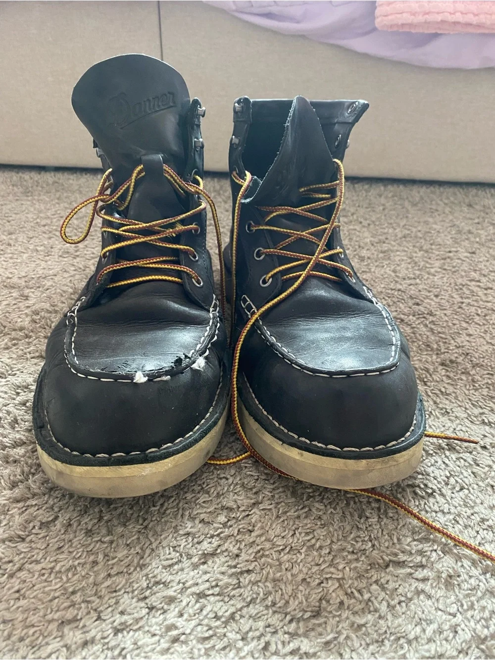 Danner Black Leather Moc Toe Boots with Yellow-Orange Laces